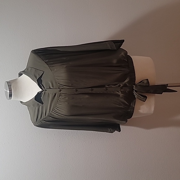 FREE PEOPLE Large Olive Green Button Down Bat Wing Bohemian Hippie Rayon Blouse - Picture 1 of 16